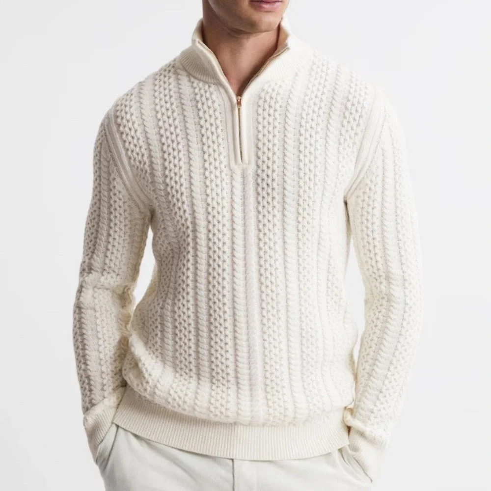 Reiss Bantham Men Med Off-White Cable Knit 1/4 Zip Sweater Wool Blend in Ecru